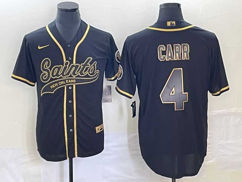 Mens New Orleans Saints #4 Derek Carr Black Gold With Patch Cool Base Stitched Baseball Jersey